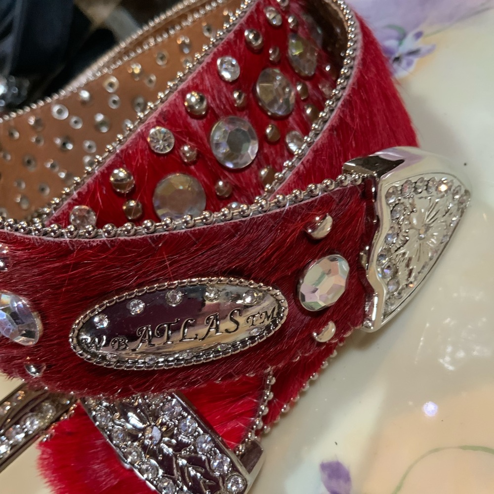 Atlas Belt Red Faux Fur Rhinestones and Studs Silver Tone #N1 - Picture 4 of 8
